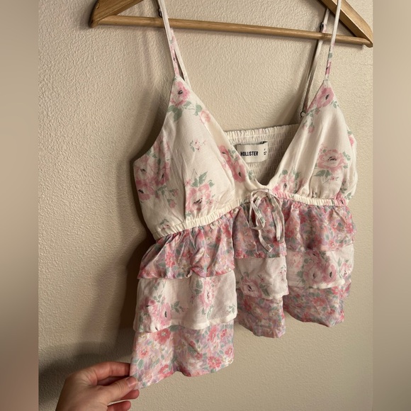 Hollister Pink Floral Ruffle V-Neck Tiered Babydoll Cami Padded Tank Top Size M - Picture 3 of 7